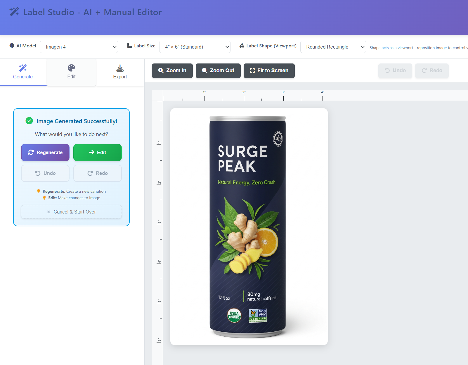 AI-powered label design interface showing professional label creation