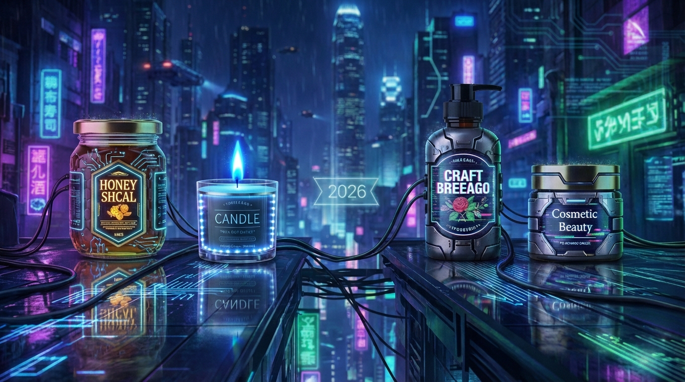 A clean, modern split-composition showing 3-4 product labels (honey jar, candle, craft beverage, skincare) arranged on a light gradient background, with subtle AI-themed visual elements like a faint neural network pattern or soft glowing prompt text overlaying one corner. The labels should look polished and print-ready — not mockups on products, but flat label designs as if freshly exported. A subtle "2026" badge or ribbon in one corner anchors the timeliness. Color palette should lean warm neutrals with one accent color (gold or teal) to feel premium without being brand-specific.